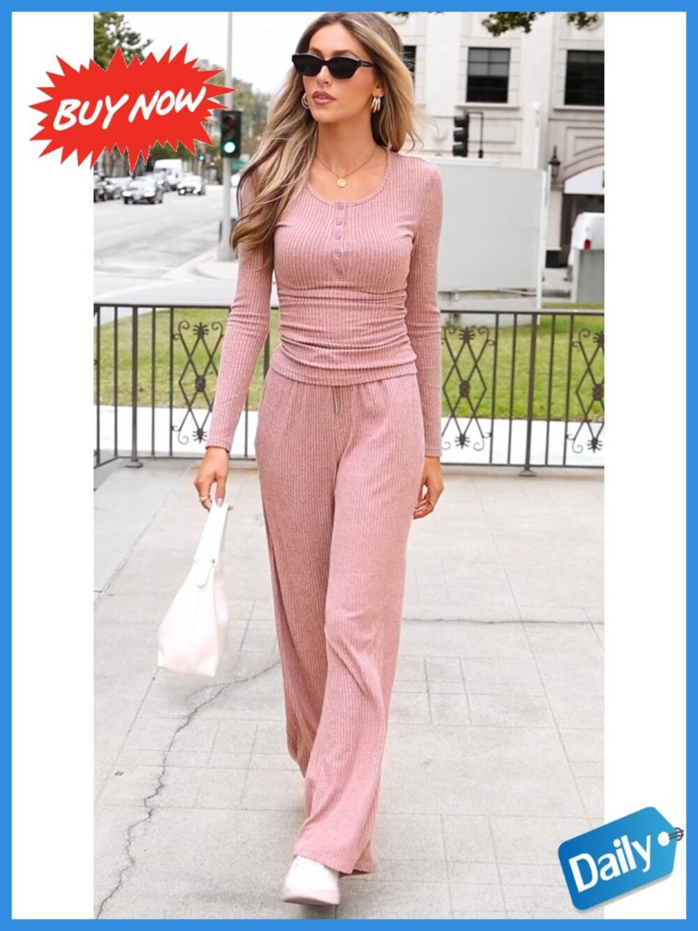 Ribbed Knit 2 Piece Lounge Set Long Sleeve Henley & Wide Leg Pants - Picture 6 of 6